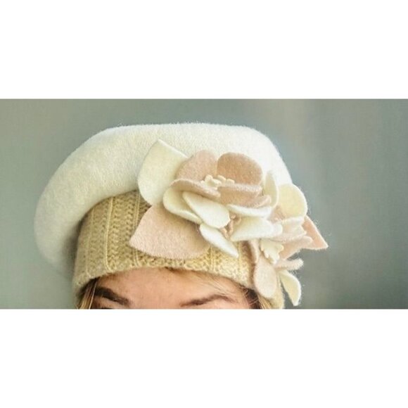 Women Wool Flower French Artist Beret Hat Beige &Tan with Felt Flower Design - Picture 4 of 6